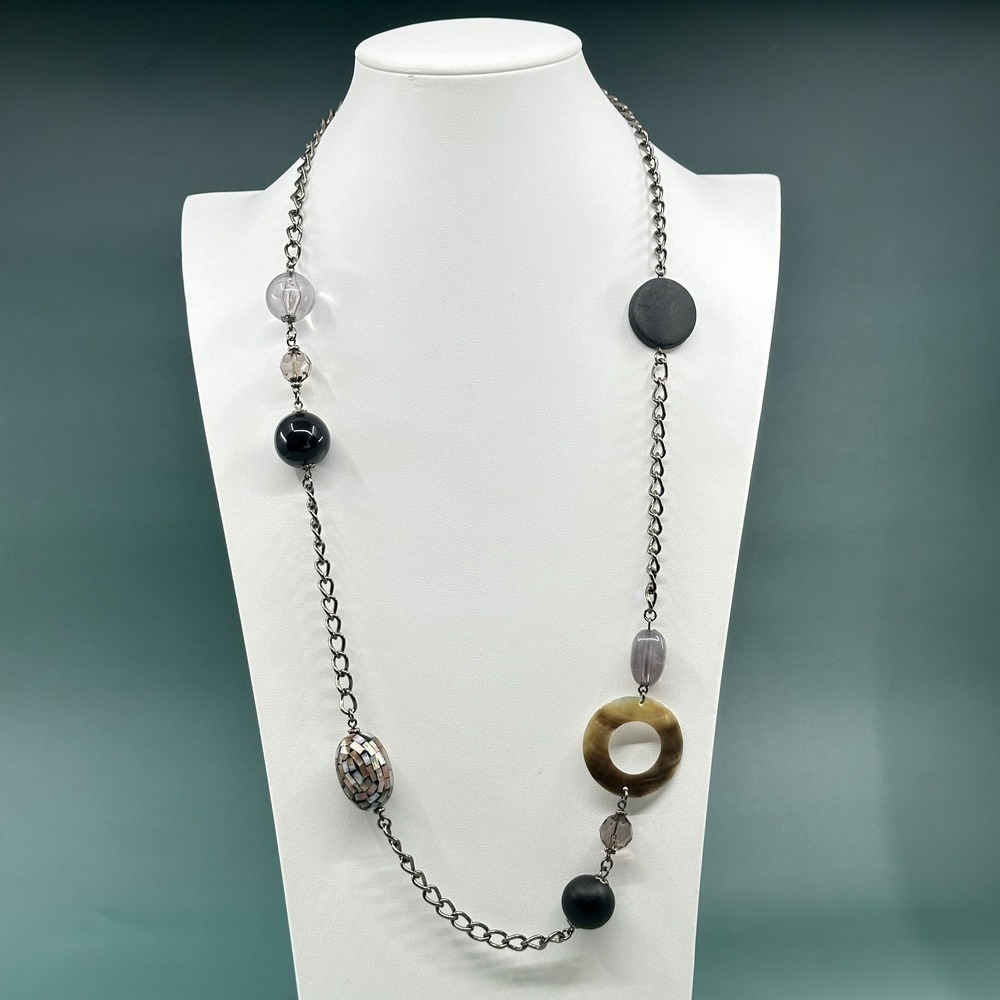 Cookie Lee Long Silver Tone Shell Mosaic Black Bead Layering Statement Necklace